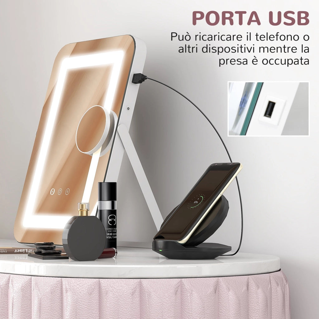 Specchio Trucco Make Up da Tavolo Luci Regolabili 3 Colori USB 31x41,5x3 cm Bianco