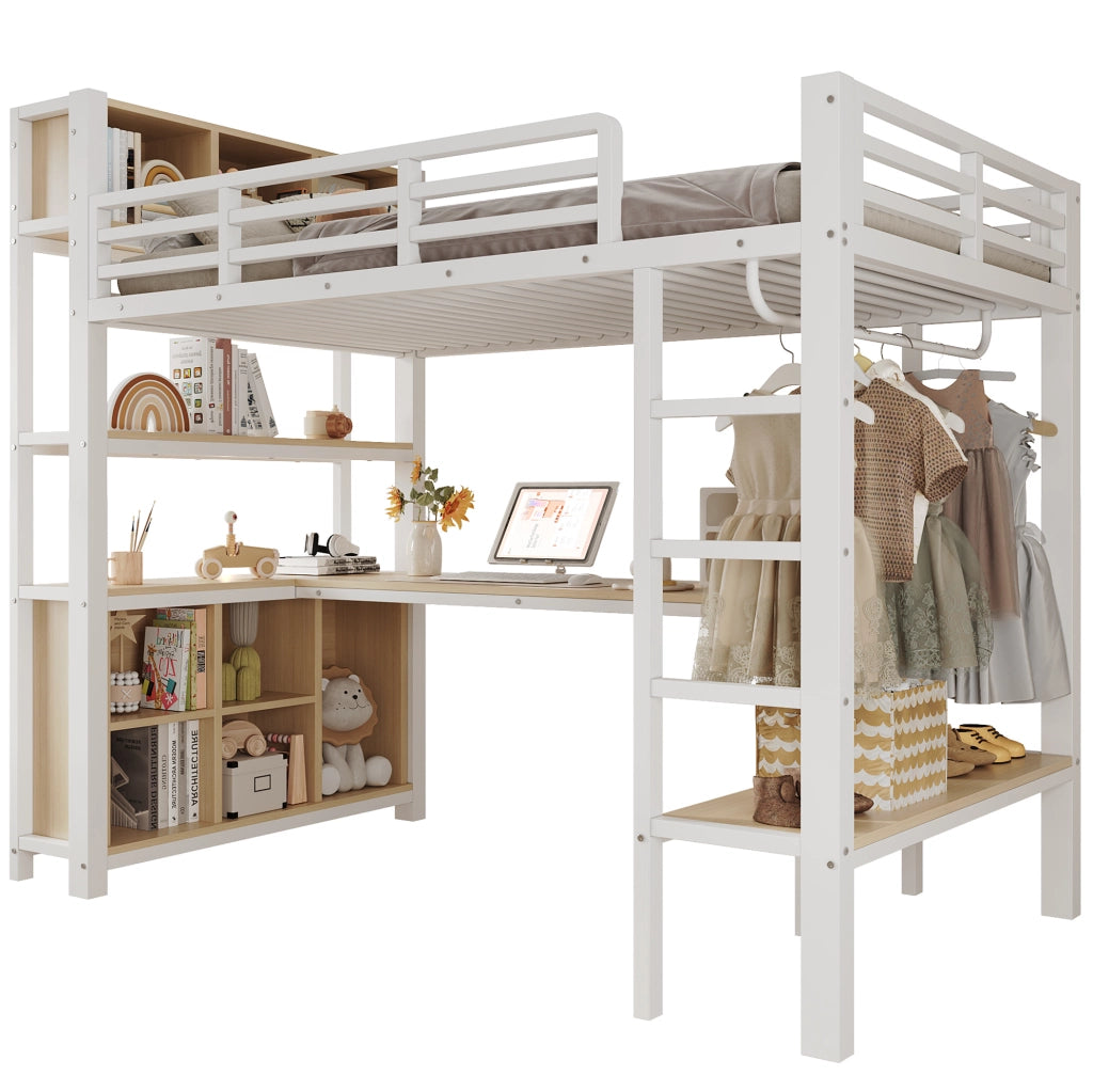 Letto a soppalco 90x200 cm con scrivania e scaffali