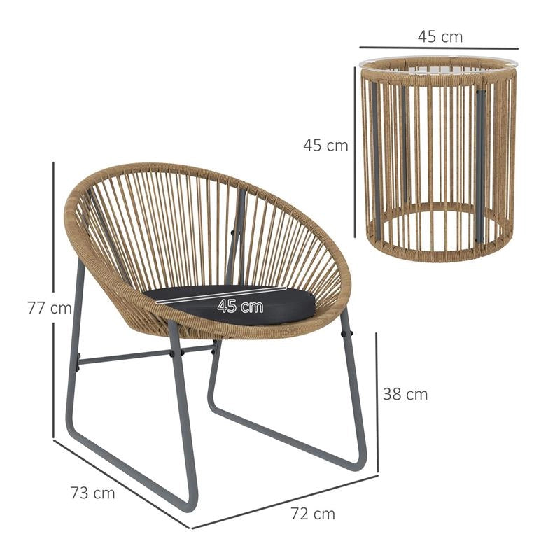 SET DA GIARDINO 3 PEZZI IN RATTAN E ACCIAIO CON 2 SEDIE CON CUSCINI E TAVOLINO DA CAFFÉ A CILINDRO MULTICOLORE