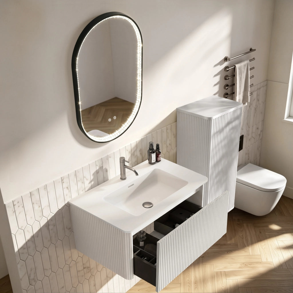 Set mobili bagno con specchio LED regolabile e antiappannamento in MDF bianco