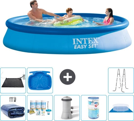 Piscina Rond Opblaasbar Easy Set - 366 x 76 cm - Blu - Inclusa Tenda Solare - Kit di Manutenzione - Pompa Filtrante per Piscina - Filtro - Tenda per Piscina - Matrice Solare - Scalinata - Pedana per I Piedi