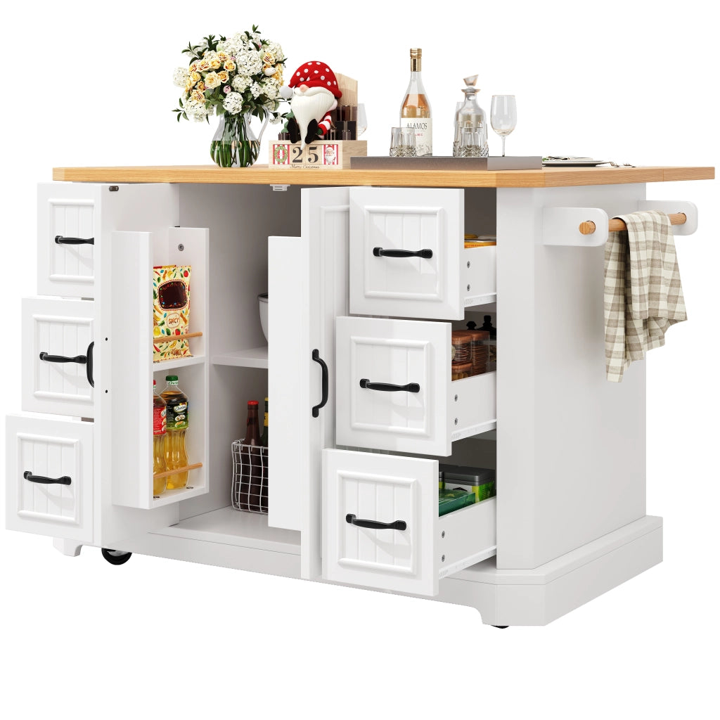 Isola da cucina mobile - Zephmum - 120x45x91 cm - Bianco/Nero - Con 2 ante e 6 cassetti, ruote
