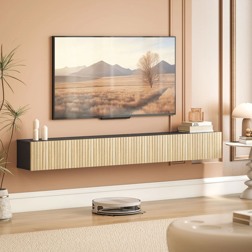 Mobile TV Sospeso per Televisore 72 Pollici ¨C zephmum ¨C Legno Naturale e Nero 140x25x22cm