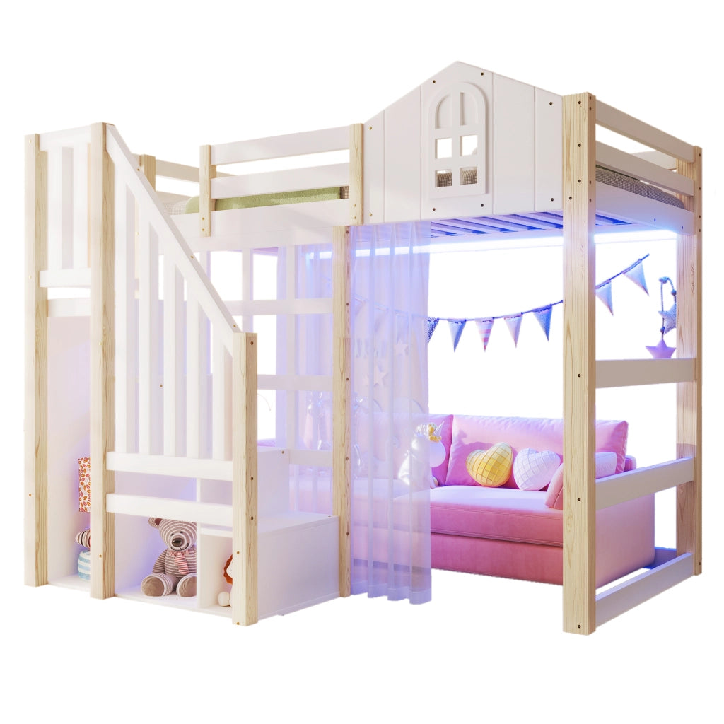 Letto a castello bianco e naturale in pino con luci LED 90x200 cm