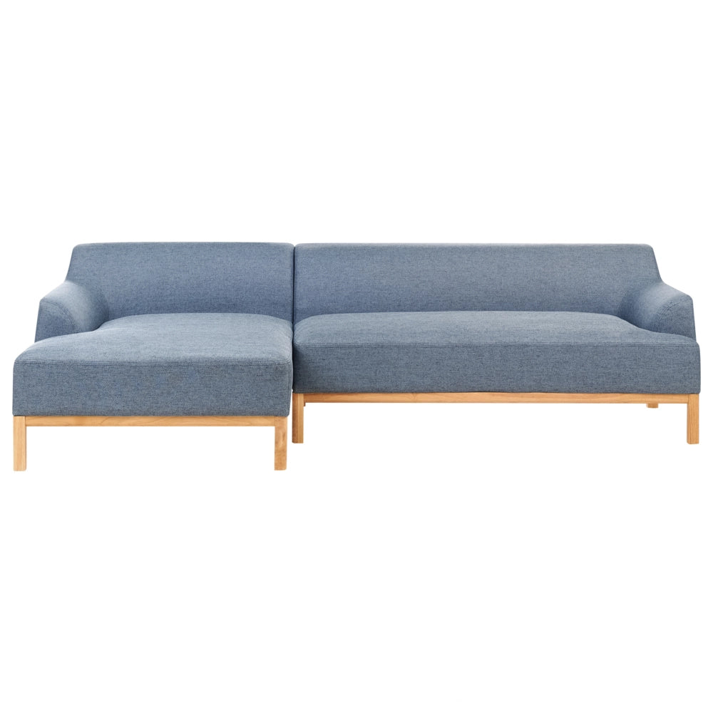 Divano angolare a destra Tessuto poliestere blu Gambe di legno Soggiorno elegante