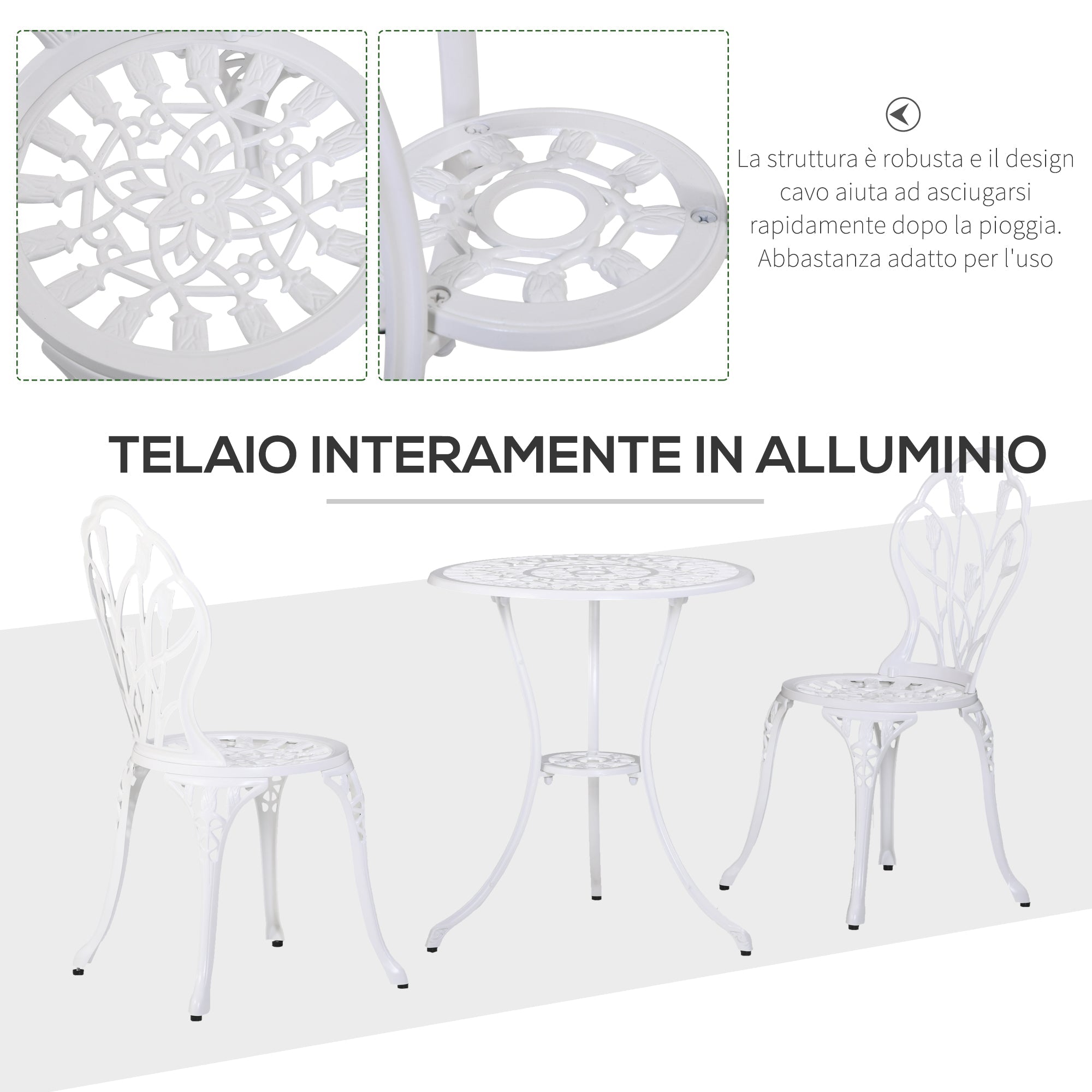 Set Tavolino e 2 Sedie da Giardino in Alluminio Bianco