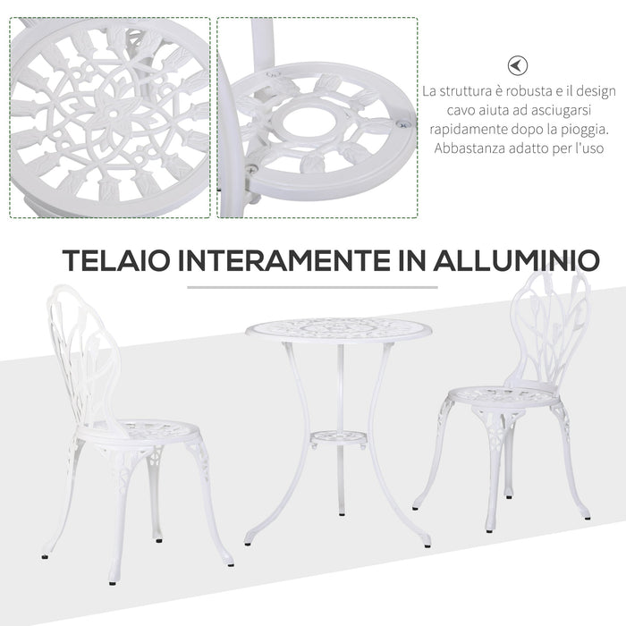 Set Tavolino e 2 Sedie da Giardino in Alluminio Bianco