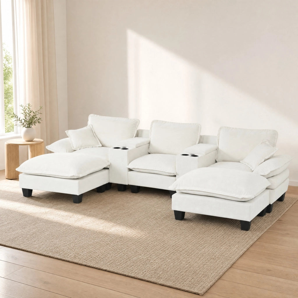 Divano panoramico a U modulare con contenitore; USB; portabicchieri e 2 pouf in chenille beige 323×151×90 cm