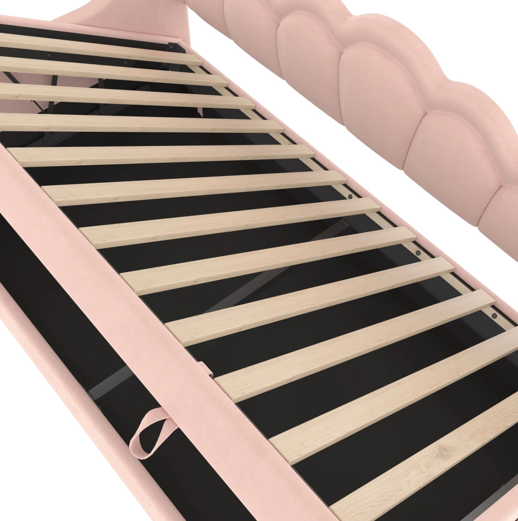 Divano letto singolo 90x200 cm in velluto rosa con contenitore; LED e testiera ondulata