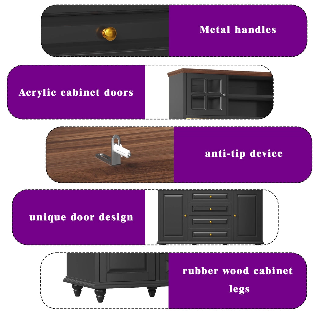 Credenza alta con LED RGB, 4 cassetti e ripiani regolabili per cucina e soggiorno, in MDF, nero, 140 × 40 × 179.5 cm