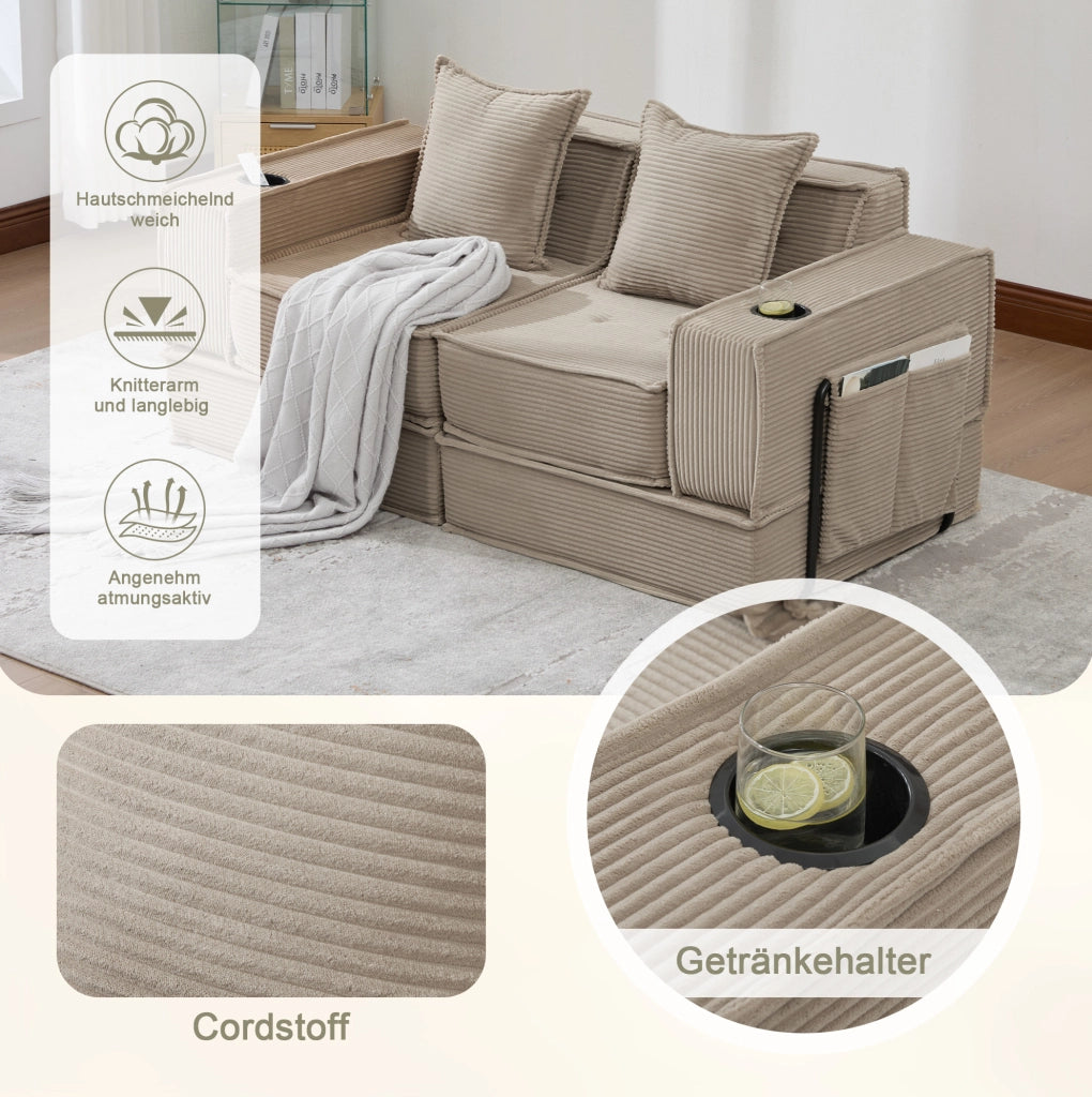 Divano pouf modulare in velluto a coste khaki con 2 cuscini e tasche laterali