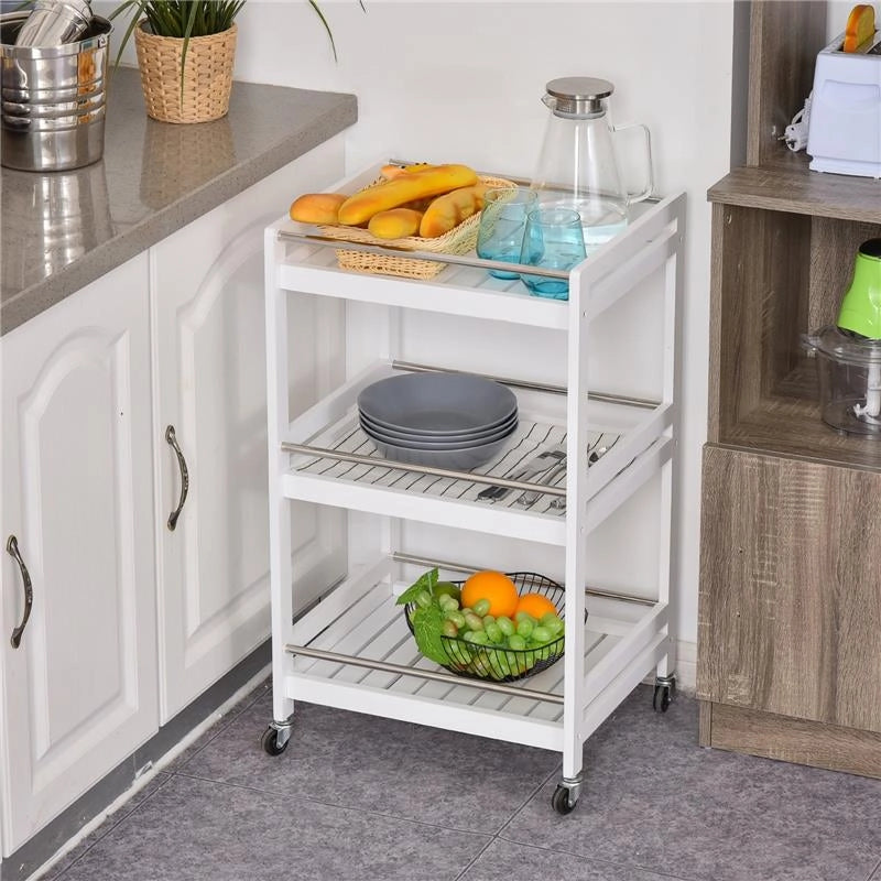 CARRELLO DA CUCINA  CON RUOTE IN LEGNO BIANCO CON 3 RIPIANI 4 RUOTE 360°