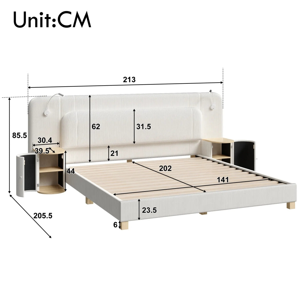 Letto 140x200 cm in velluto a coste beige, con comodino e lampada da notte