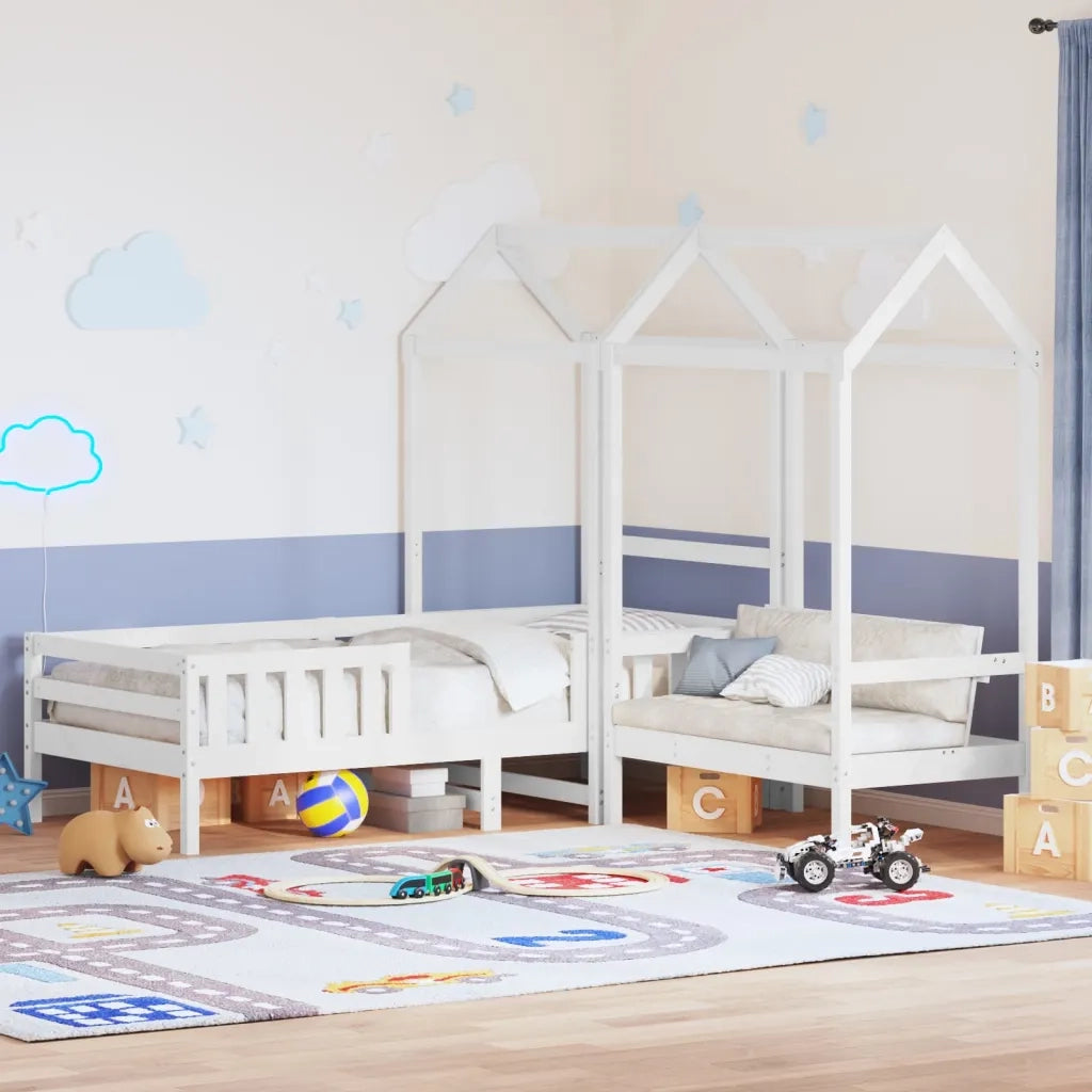 Letto singolo | Letto per adulti | Giroletto con Panca e Tetto Bianco 80x200cm Legno Massello Pino