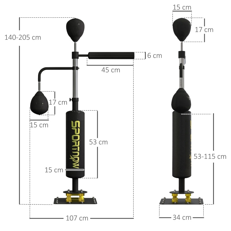 Supporto per boxe, due speedball, barra girevole per boxe, cuscinetti per calci, altezza regolabile, acciaio, 107 x 36 x 140-205 cm, nero