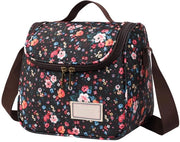 Borsa da Picnic Isolata Grande con Disegno di Fiori e Cinturino Regolabile (6L, Nero)