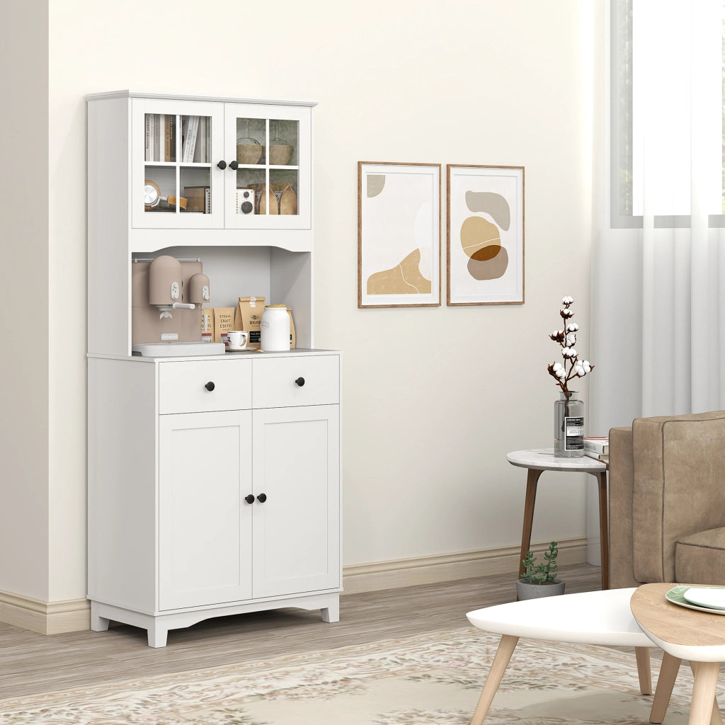 Mobile da cucina, mobile alto con ripiano per microonde, 2 armadietti, 2 cassetti, vetrina con ripiani regolabili, dispositivo antiribaltamento,