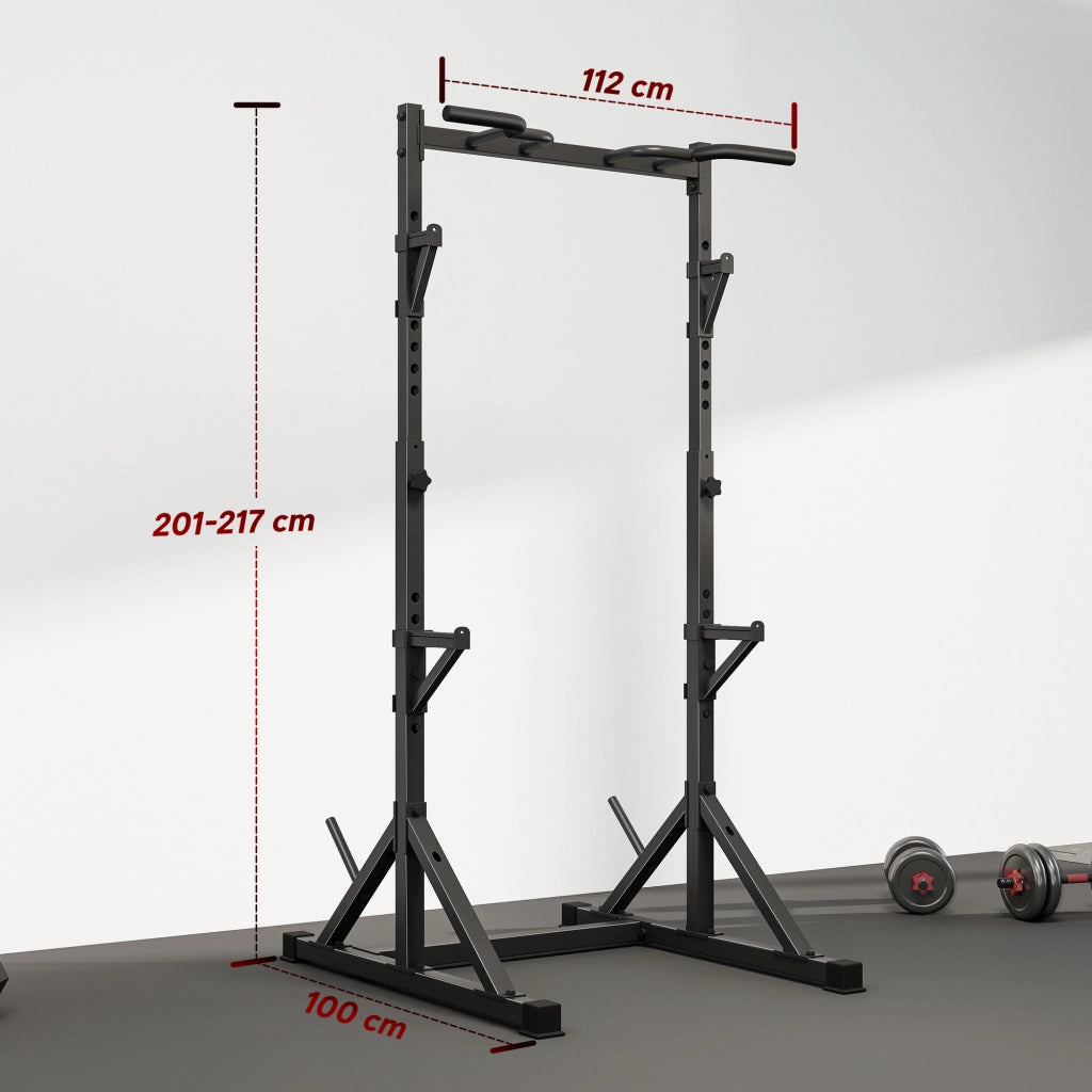 Stazione Multifunzione Squat Rack e Bilanciere 112x100x217 cm con Altezza Regolabile in Acciaio Nero