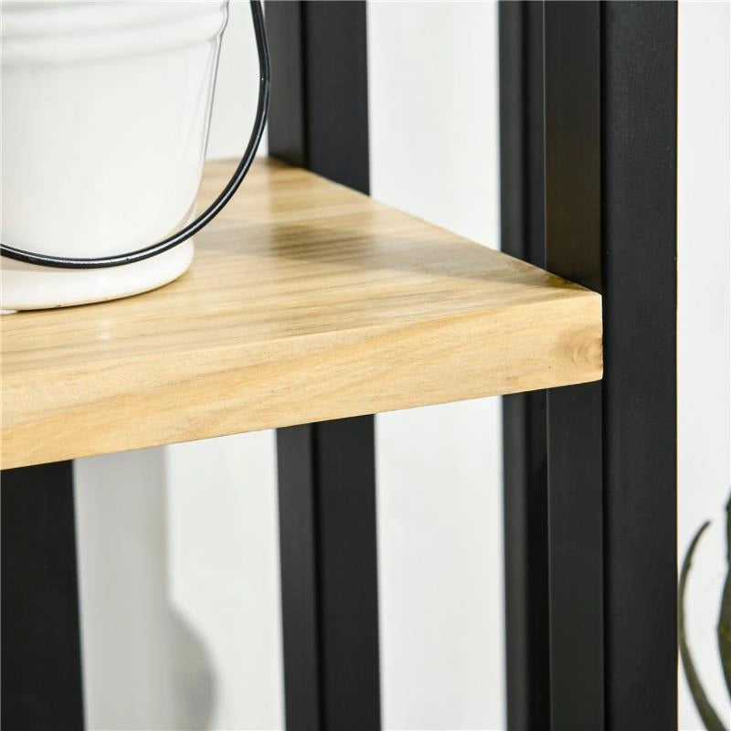 PORTAPIANTE A 4 RIPIANI DALLO STILE INDUSTRIALE IN LEGNO DI ABETE E METALLO 45X25X110 CM NERO E COLOR LEGNO