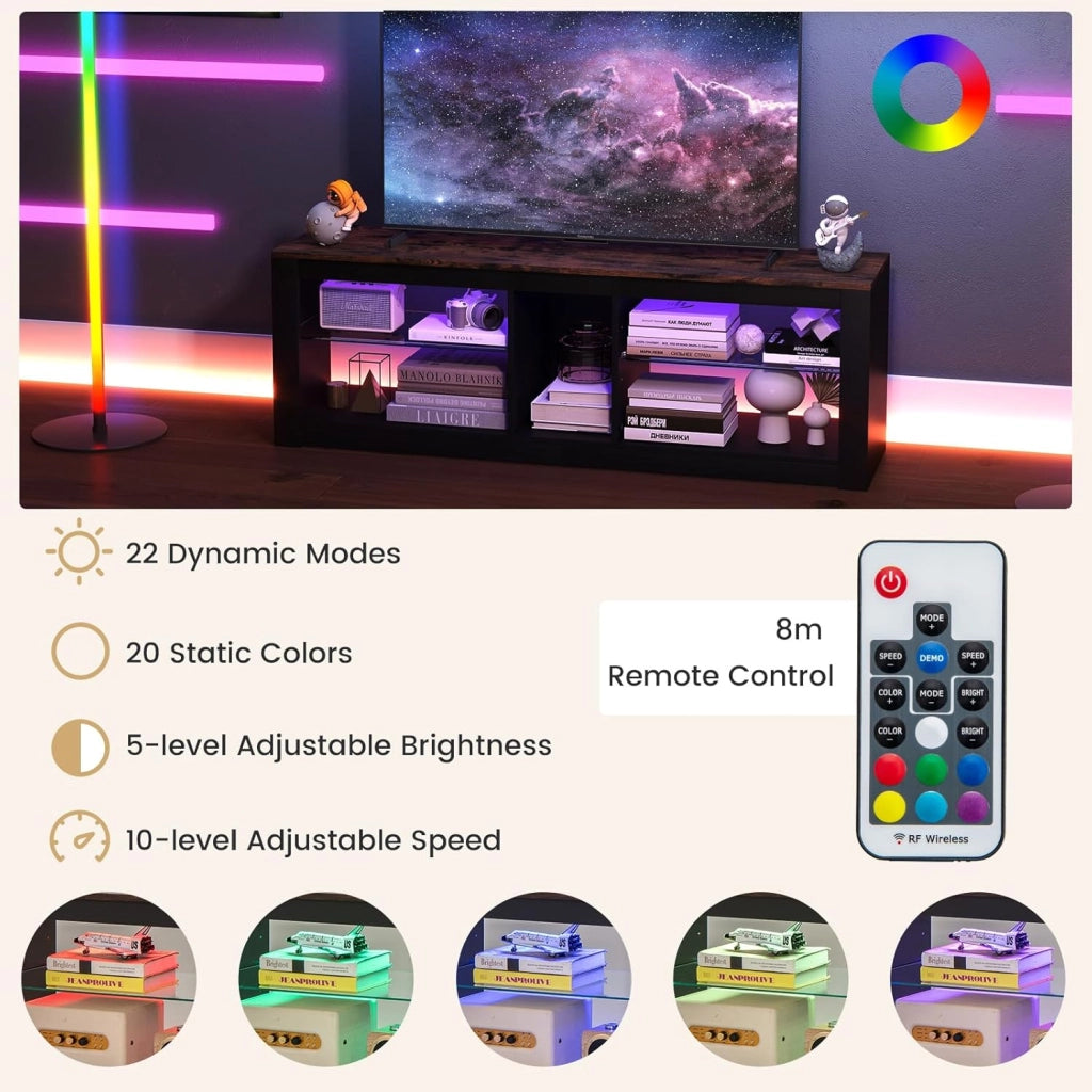 Mobile Porta TV con Luci LED, Supporto per TV fino a 65" con Ripiani di Vetro Temperato Regolabili e Telecomando, Mobile TV per Soggiorno, Studio, Camera da Letto, 140 x 35 x 47 cm