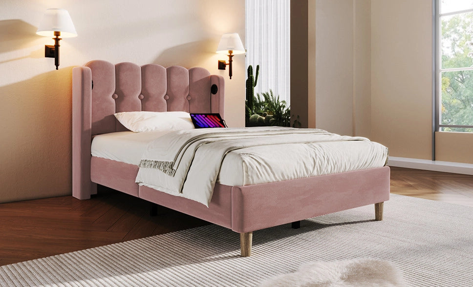 Letto Singolo Imbottito Rosa 90x200 cm con Funzione di Ricarica USB Tipo C e Rete a Doghe