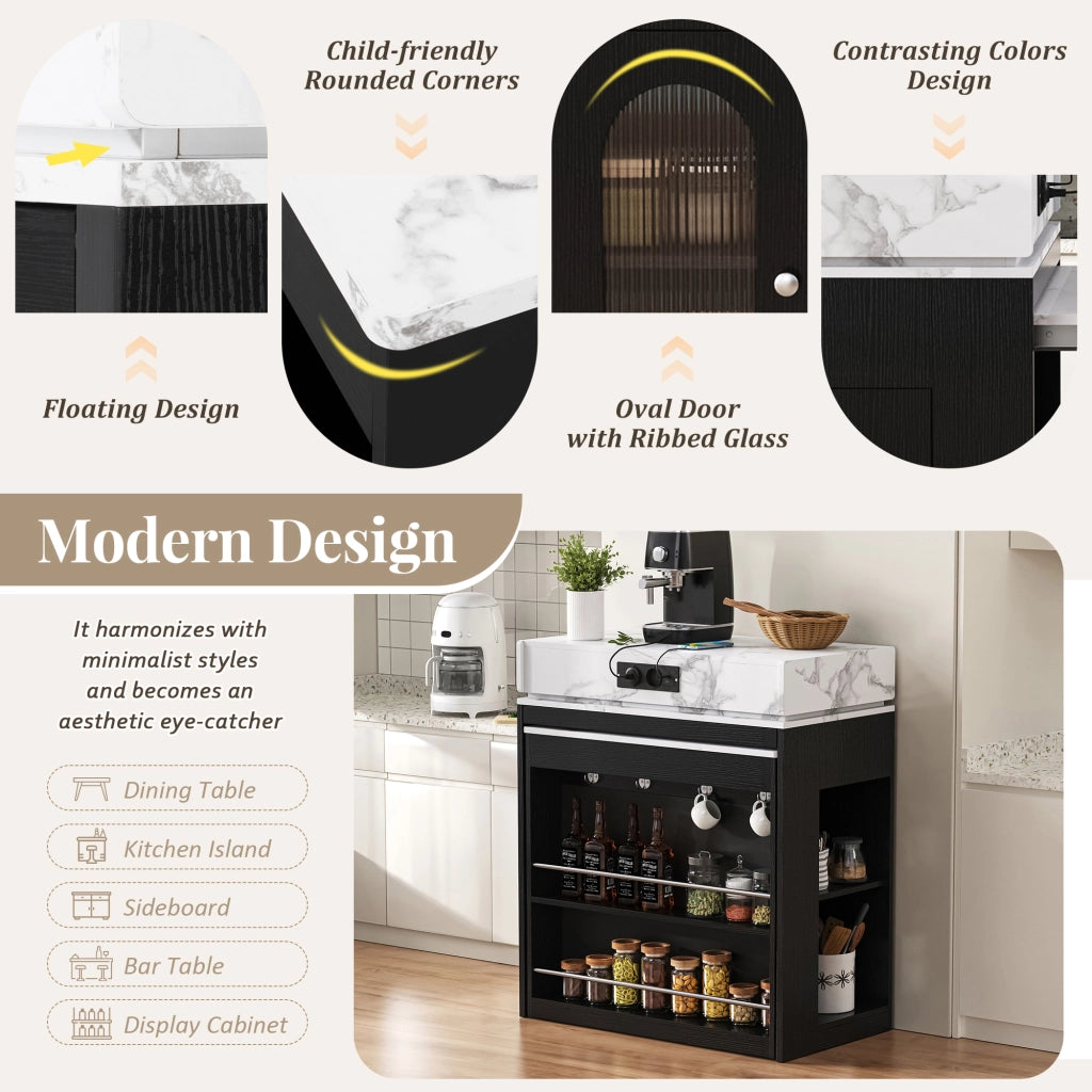 Isola da Cucina con 1 Cassetto; 1 Anta in Vetro; Piano Ribaltabile e Prese; in MDF e Vetro; Nero