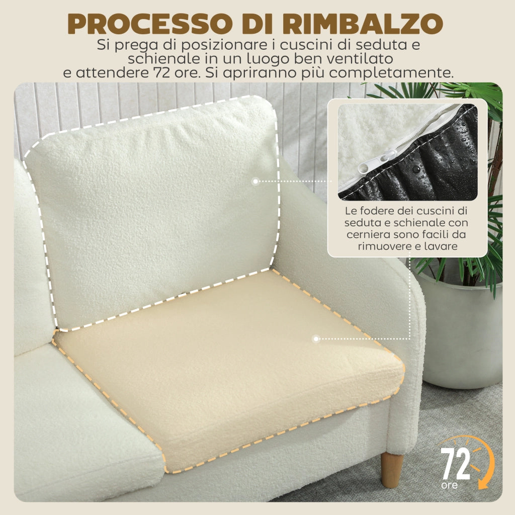 Divano 2 Posti Moderno con Cuscini Spessi e Rivestimento Sherpa ¨C Zephmum ¨C Crema 137x69x82