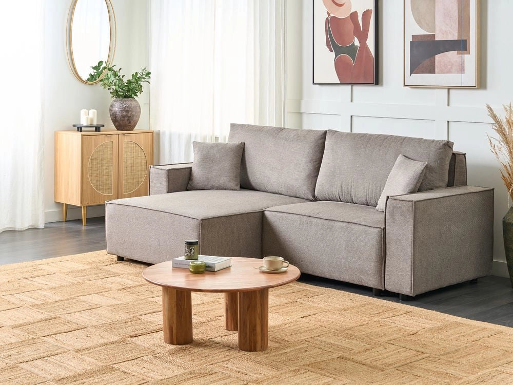 Divano letto angolare a destra Grigio Talpa Tessuto poliestere imbottito 3 posti a L con cuscini Funzione letto Stile moderno Soggiorno