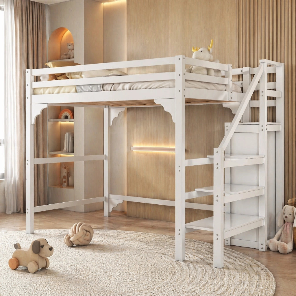 Hochbett 140x200 cm con armadio e scala contenitore; in pino e MDF; bianco