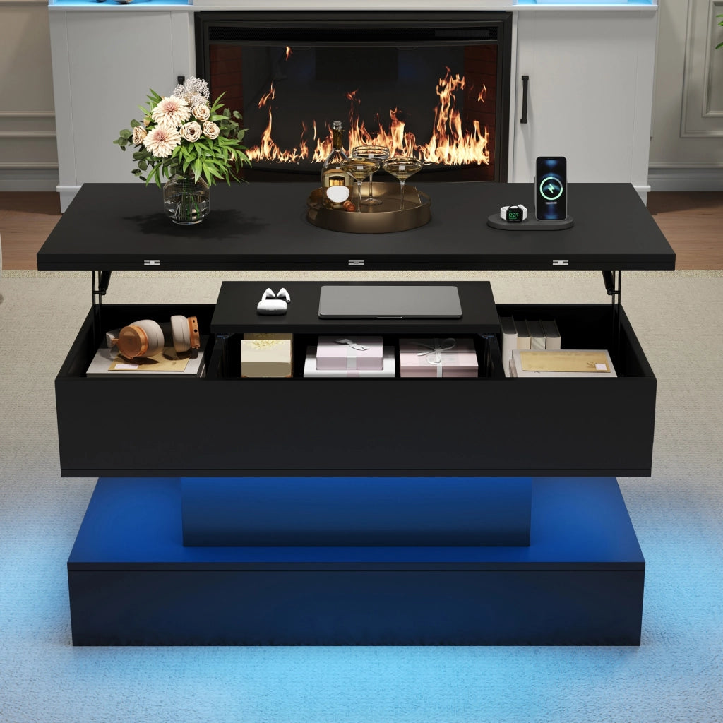 Tavolino basso sollevabile con luce LED, presa integrata e vano contenitore nascosto, per soggiorno, 100 × 50 × 51,5 cm