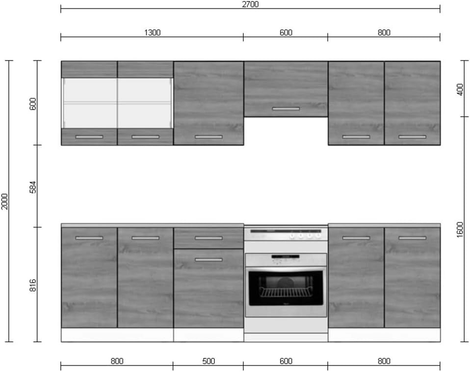 Mobile da cucina Raul, Sonoma, 270 cm, PL Marmo con striscia LED, con moduli regolabili e piedini ad altezza variabile