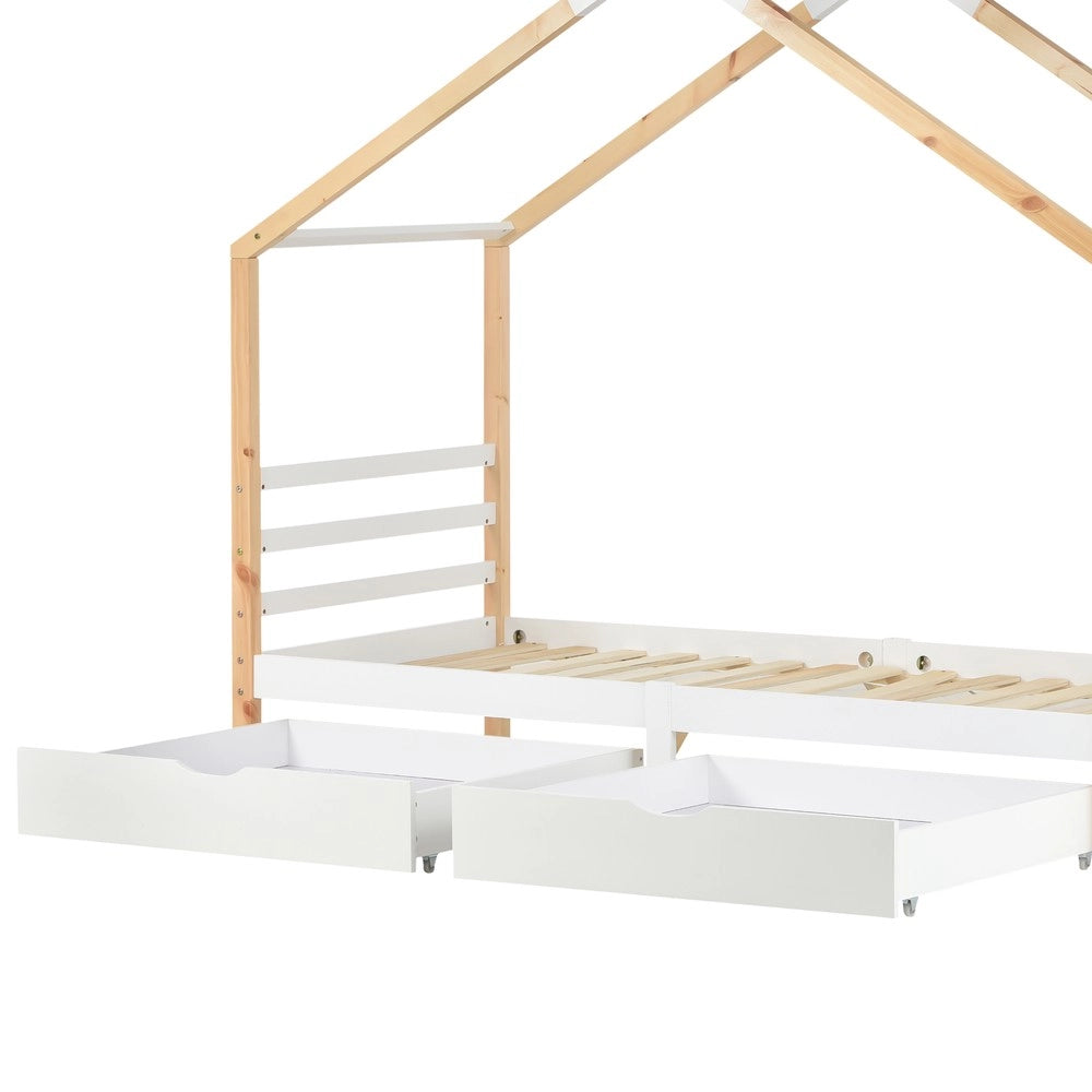 Letto Casetta per Bambini con Cassetti ¨C MINIMAL ¨C Massello di Pino, Bianco, 90x200