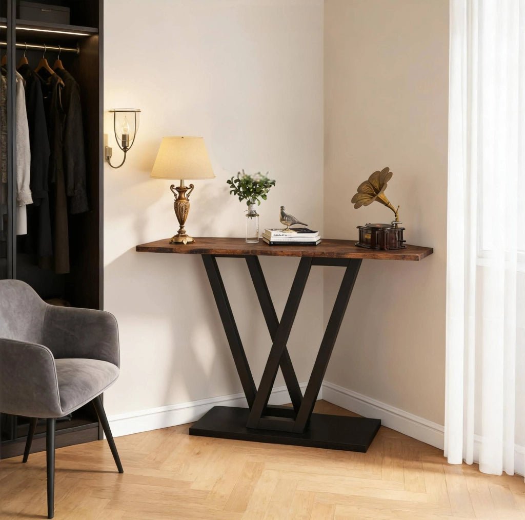 Tavolo consolle stretto 110x30x80 cm in MDF e metallo; nero e marrone rustico