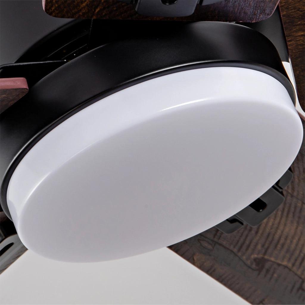 Ventilatore da soffitto piatto con luce dimmerabile; telecomando e motore DC silenzioso; metallo e legno nero e noce scuro