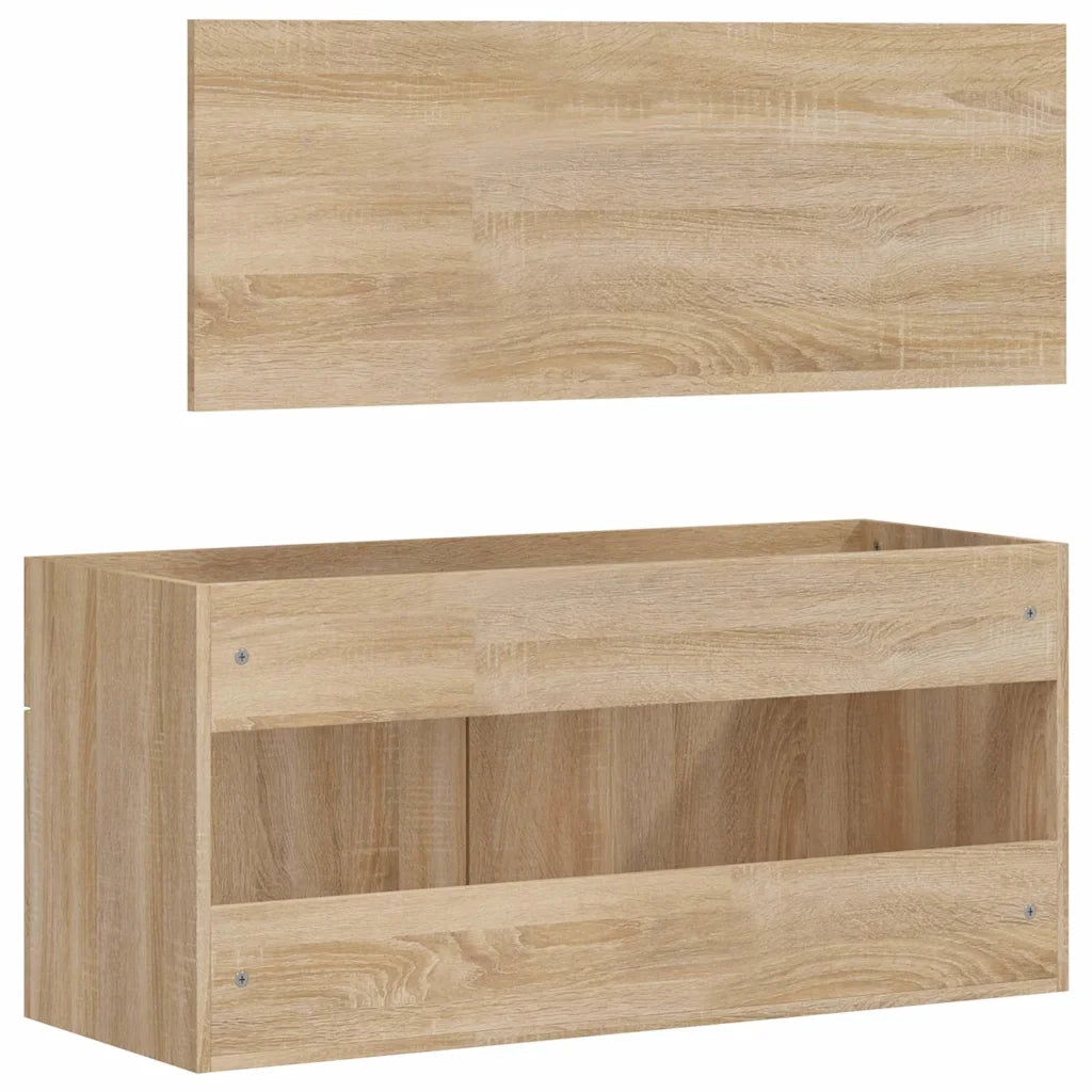 Mobiletto da bagno a parete con specchio 100 x 38,5 x 46 cm stile minimalista ampia capacità contenitiva legno di rovere Sonoma composito 02_0049279