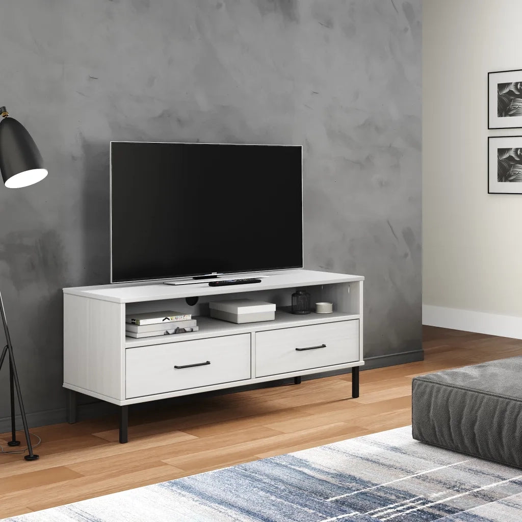 Mobile TV | Armadietto TV | Mobile Porta TV con Gambe Metallo Bianco Legno Massello di Pino OSLO