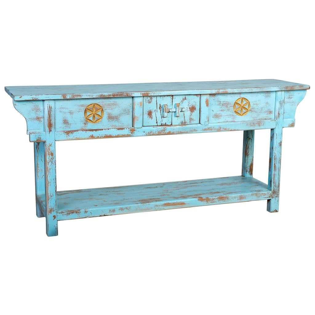 Mobile da ingresso in legno artigianale blu invecchiato 181x45x80h cm