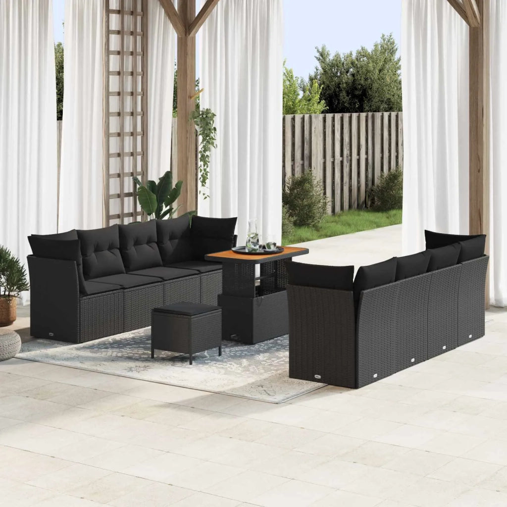 Set Divano da Giardino con cuscino 11 pcs Nero polyrattan