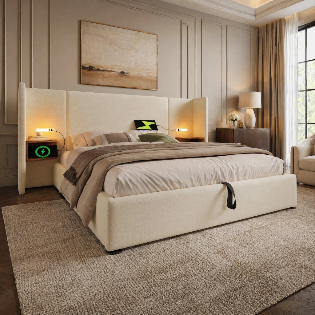 LETTO Contenitore 180x200 cm Beige in lino con testiera multifunzione e luci
