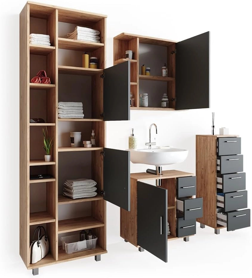 Set mobili bagno Ilias, Rovere, 60 cm, composto da mobile lavabo, pensile a specchio, colonna e base media