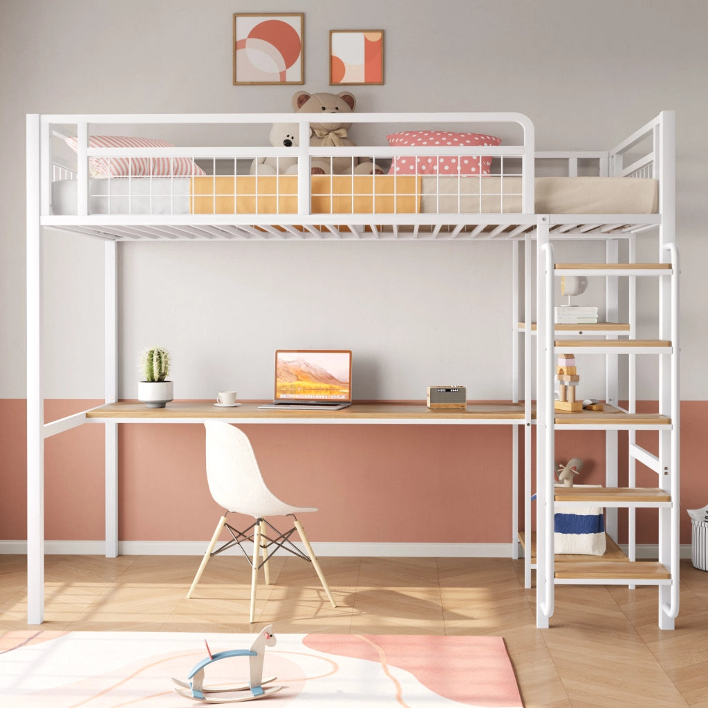 Letto a Soppalco Singolo con Scrivania; Scaffali e Scala Sicura; 90 × 200 cm; senza Materasso; Bianco