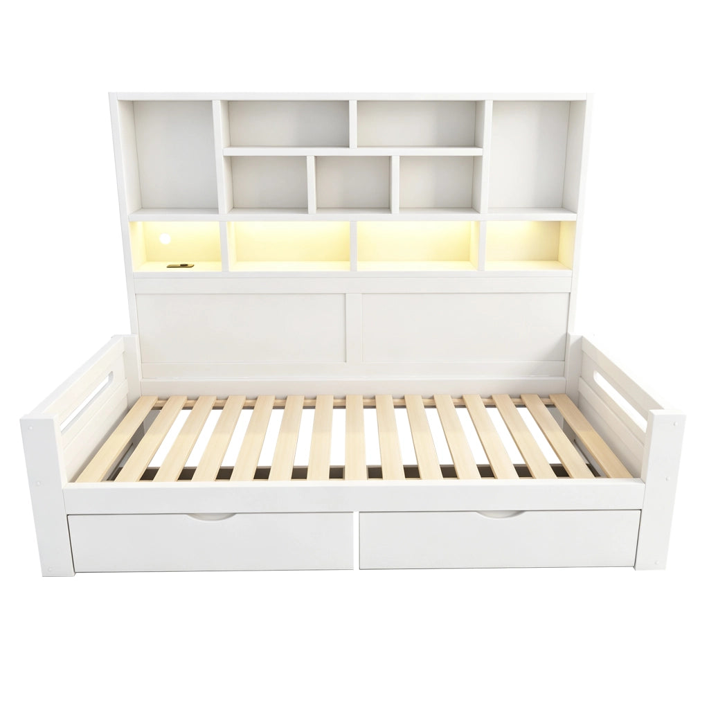 Letto singolo 90x200 cm in MDF bianco con contenitore; LED e prese elettriche