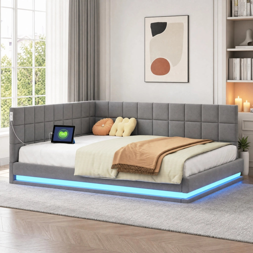 DESMIU Divano letto 140 × 200 cm 2 posti con LED, USB e rete, senza materasso, in lino, grigio