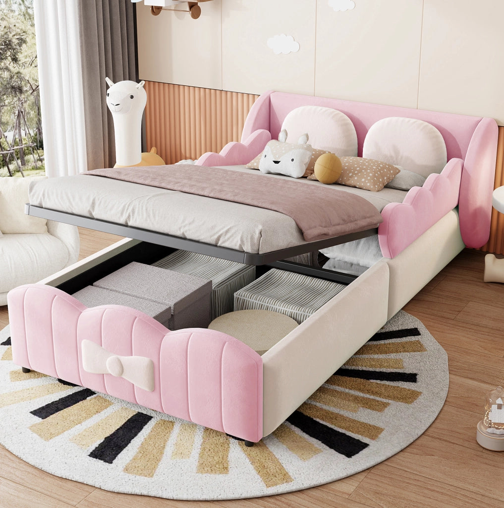 Letto singolo imbottito per bambini 90x200 cm in velluto rosa con contenitore idraulico