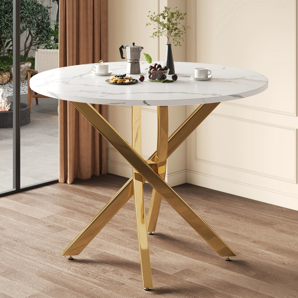 Tavolo da pranzo rotondo con piano effetto marmo e gambe incrociate dorate, per cucina e soggiorno, in MDF, oro bianco