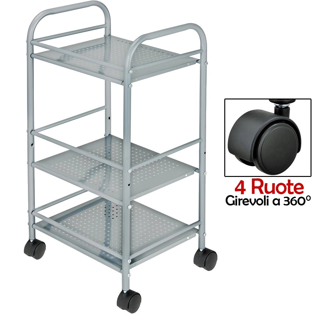 Carrello Portaoggetti Multiuso 3 Ripiani Bagno Cucina Parrucchiere Estetista 4 Ruote in Acciaio