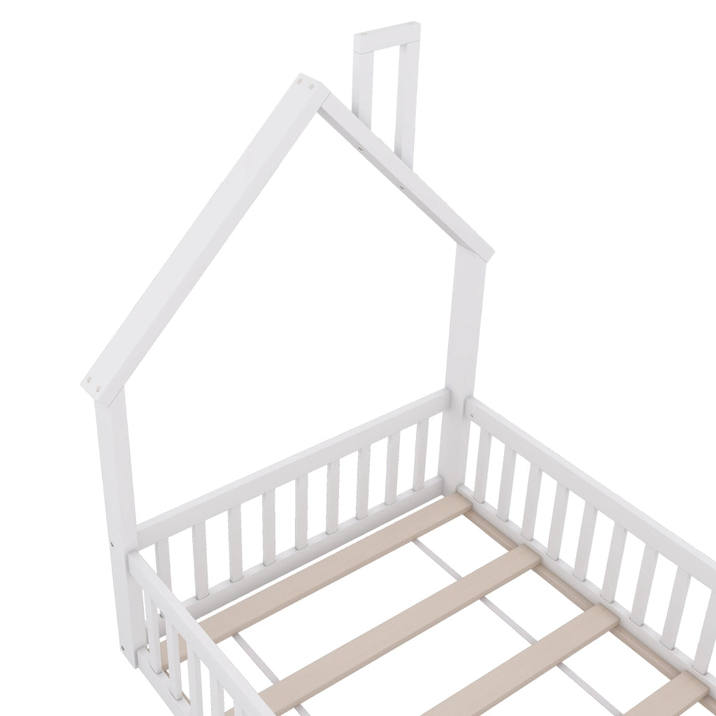 Letto Casetta 90×200 cm; Letto Singolo con Sponda di Sicurezza e Design Camino; senza Materasso; Bianco