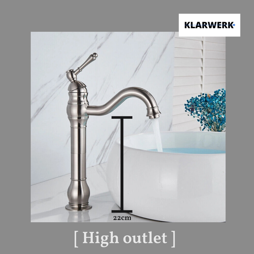 NALA | Rubinetto da bagno alto vintage Gastro in argento spazzolato |Retrò in acciaio inossidabile premium per lavabo alto | Miscelatore 2 connessioni