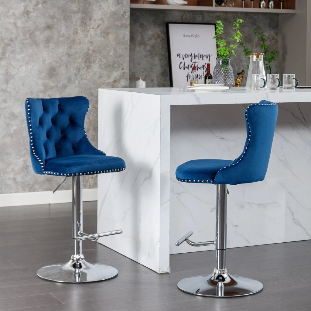 Set di 2 Sgabelli da Bar Girevoli con Altezza Regolabile; Schienale e Seduta Trapuntata; Velluto Blu