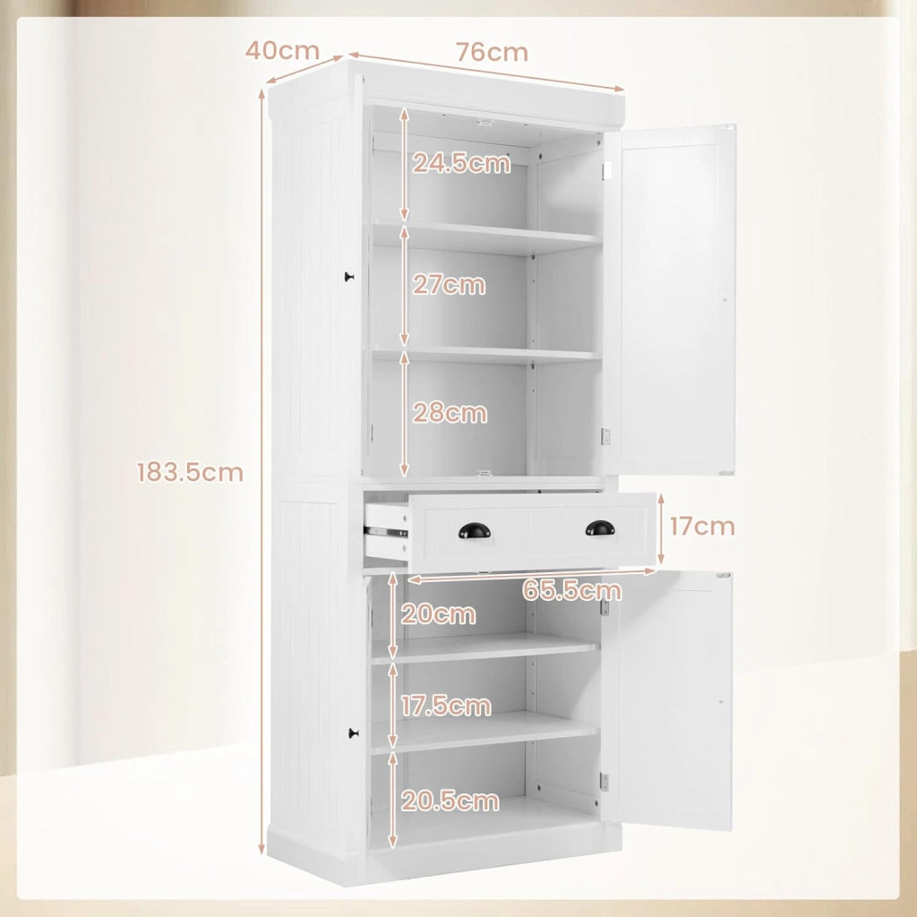 Credenza Alta Cucina, Mobile da Cucina Moderno con 2 Ante e Cassetto, con Ripiani Regolabili, Dispensa Cucina per Soggiorno, Cucina e Sala da Pranzo, 76 x 40 x 183 cm (Bianco)